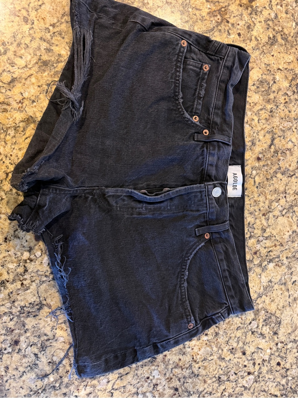 Agolde Black Frayed Hem Denim Shorts